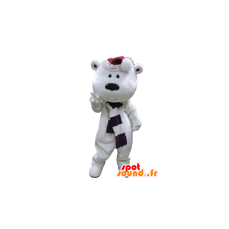 Big white teddy mascot with a scarf and hat - MASFR031623 - Bear mascot