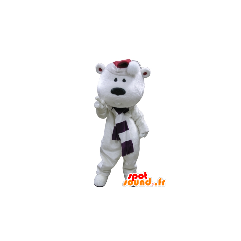 Grande mascotte orsacchiotto bianco con una sciarpa e cappello - MASFR031623 - Mascotte orso