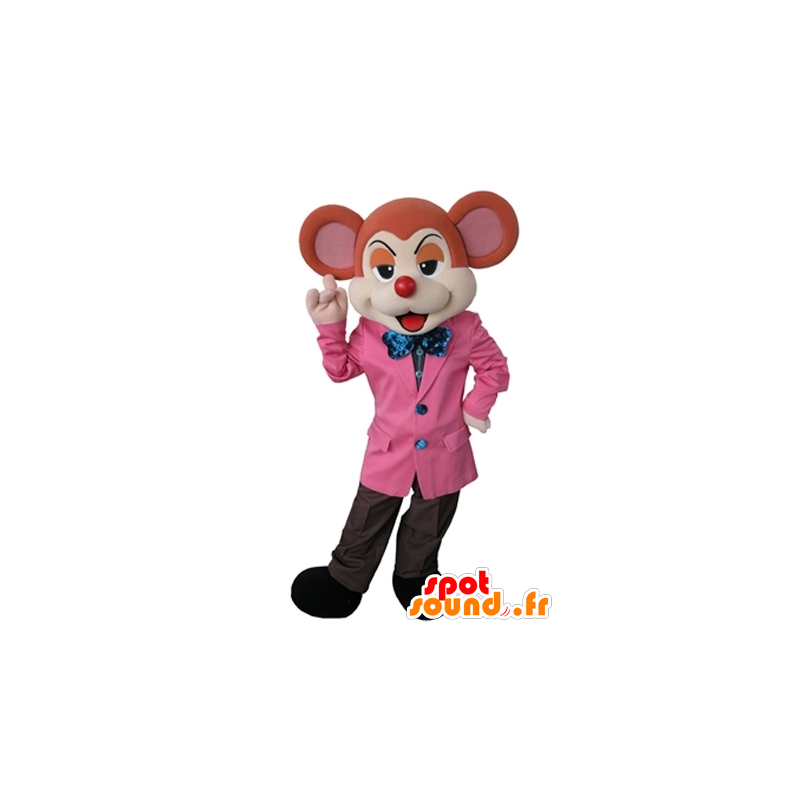 Naranja y beige de la mascota del ratón vestido con un elegante traje - MASFR031626 - Mascota del ratón