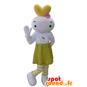 Mascote do boneco de neve branco e amarelo vestido com uma saia de bolinhas - MASFR031627 - Mascotes homem