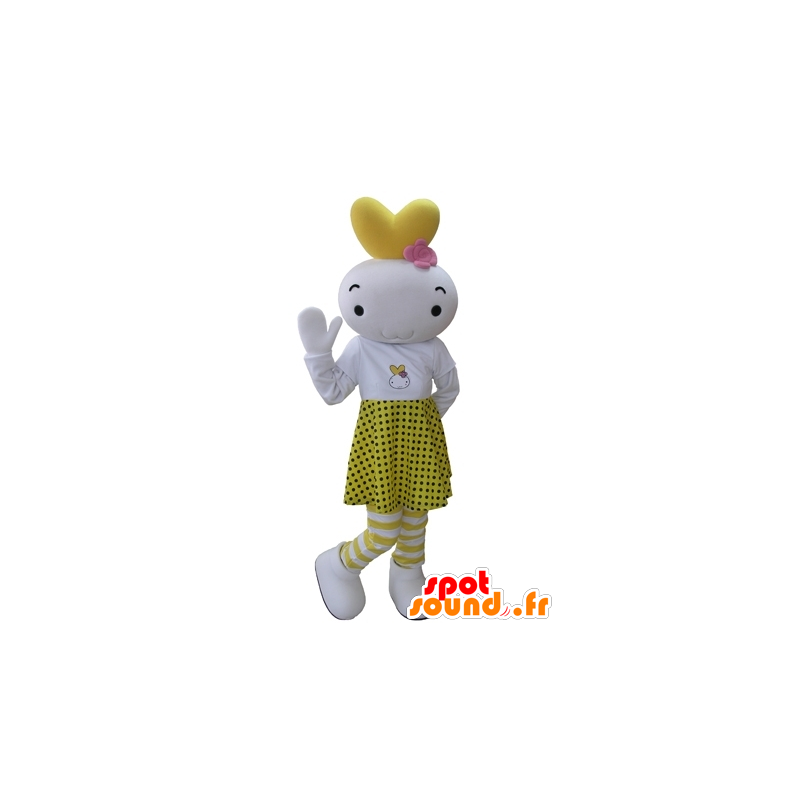 Mascotte de bonhomme blanc et jaune habillé d'une jupe à pois - MASFR031627 - Mascottes Homme