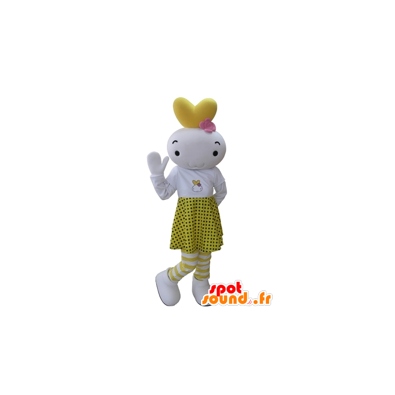 Mascote do boneco de neve branco e amarelo vestido com uma saia de bolinhas - MASFR031627 - Mascotes homem