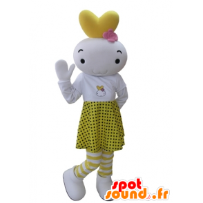 White and yellow snowman mascot dressed in a polka dot skirt - MASFR031627 - Human mascots