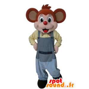 Mascotte de souris orange et rose habillée d'une salopette grise - MASFR031629 - Mascotte de souris
