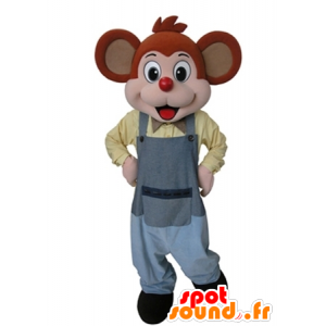 Orange und rosa Maskottchen Maus in einem grauen Overall gekleidet - MASFR031629 - Maus-Maskottchen