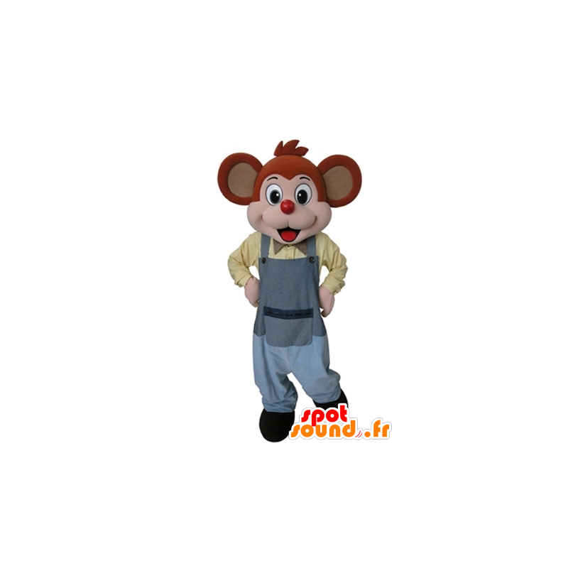 Oranžová a růžová myš maskot oblečený v šedé kombinéze - MASFR031629 - myš Maskot