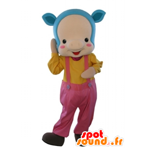 Pink gris maskot med blåt hår og overalls - Spotsound maskot