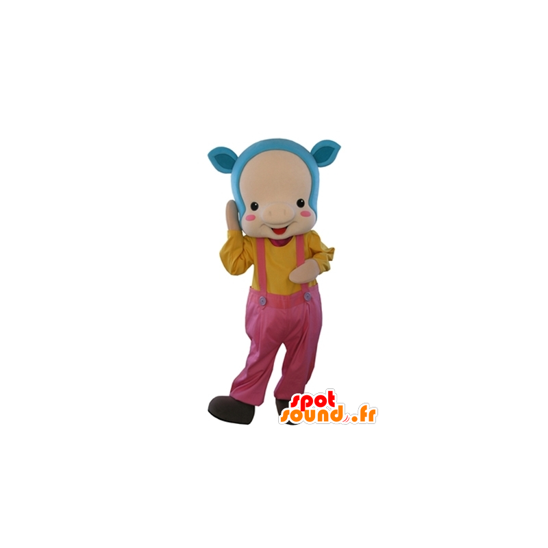 Rosa Schwein Maskottchen mit blauen Haaren und Overalls - MASFR031635 - Maskottchen Schwein