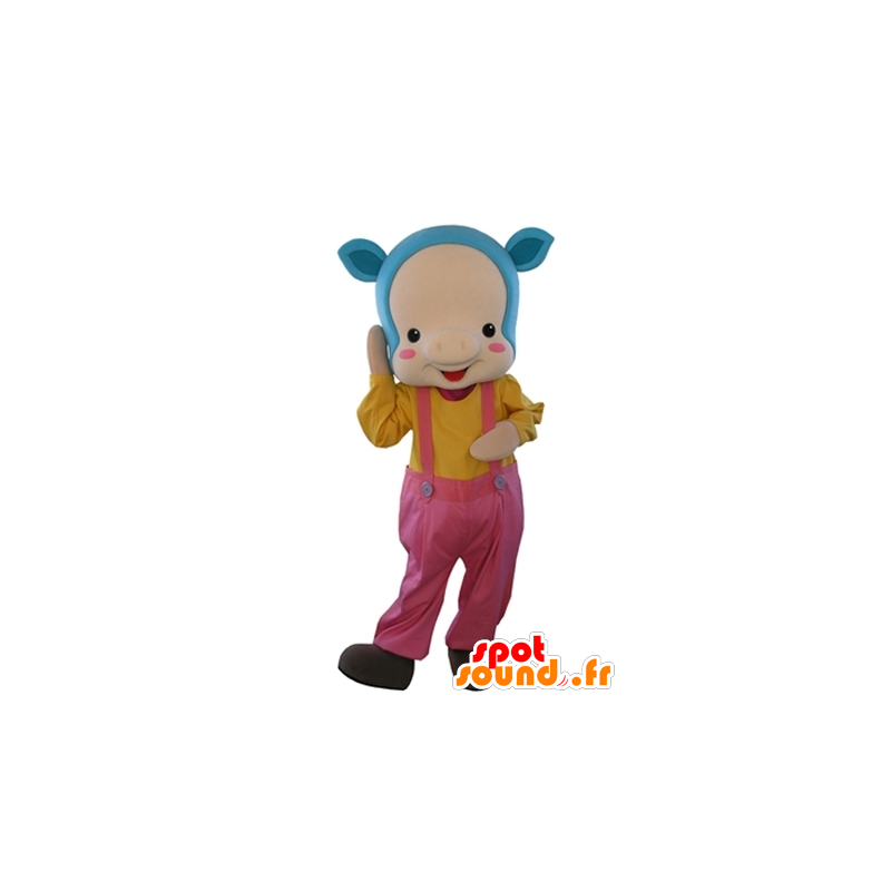 Pink gris maskot med blåt hår og overalls - Spotsound maskot
