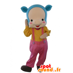 Mascote porco cor de rosa com cabelo azul e macacão - MASFR031635 - mascotes porco