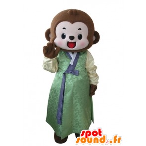 Bruine aap mascotte gekleed in een gele en groene tuniek - MASFR031636 - Monkey Mascottes