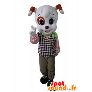 Bianco cane mascotte arancione e vestito con un abito elegante - MASFR031637 - Mascotte cane