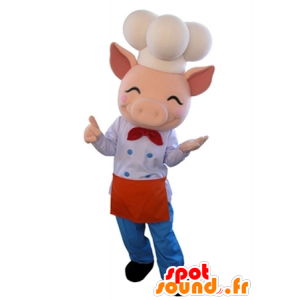 Rosa gris maskot klädd som en kock - Spotsound maskot