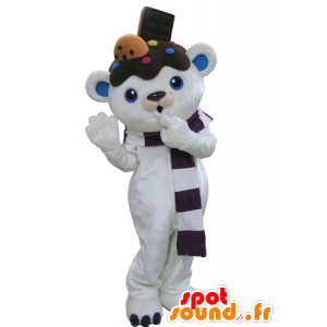 Mascot witte en blauwe teddyberen met chocolade op zijn hoofd - MASFR031664 - Bear Mascot