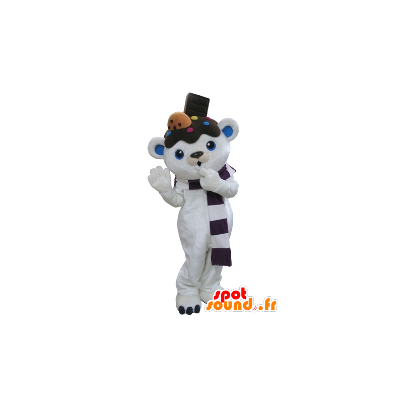 Hvid og blå bamse maskot med chokolade på hovedet - Spotsound