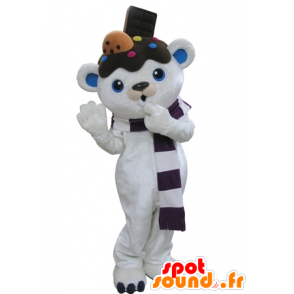 Mascotte de nounours blanc et bleu avec du chocolat sur la tête - MASFR031664 - Mascotte d'ours