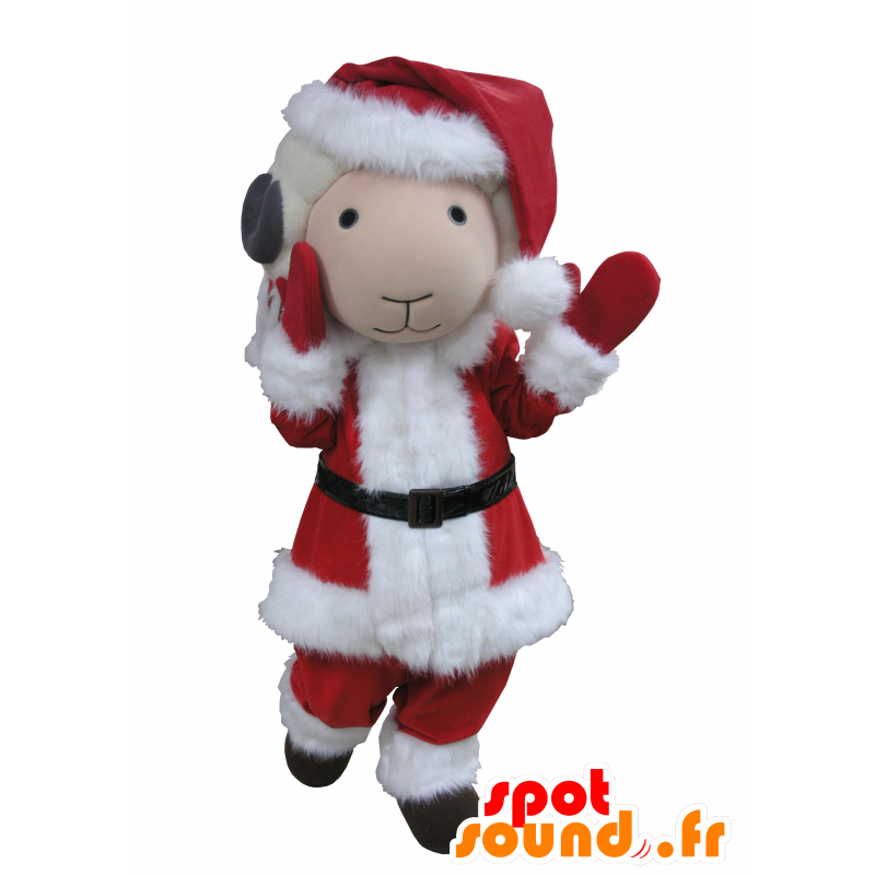 Mascotte della capra bianco e grigio vestito di Babbo Natale - MASFR031671 - Capre e capra mascotte