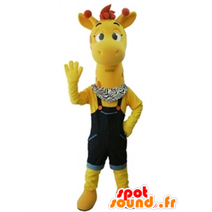 Yellow giraffe mascot with blue overalls - MASFR031676 - Giraffe mascots