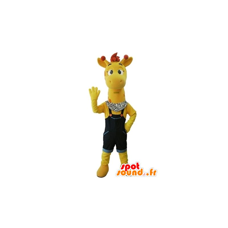 Gele giraffe mascotte met blauwe overalls - MASFR031676 - mascottes Giraffe