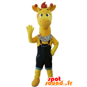 Mascotte de girafe jaune avec une salopette bleue - MASFR031676 - Mascottes de Girafe