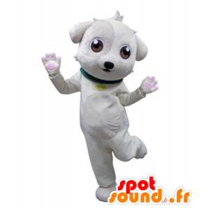 Hvid hundemaskot med en grøn krave - Spotsound maskot kostume