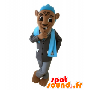 Mascotte de tigre marron avec un costume et une crête bleue - MASFR031692 - Mascottes Tigre