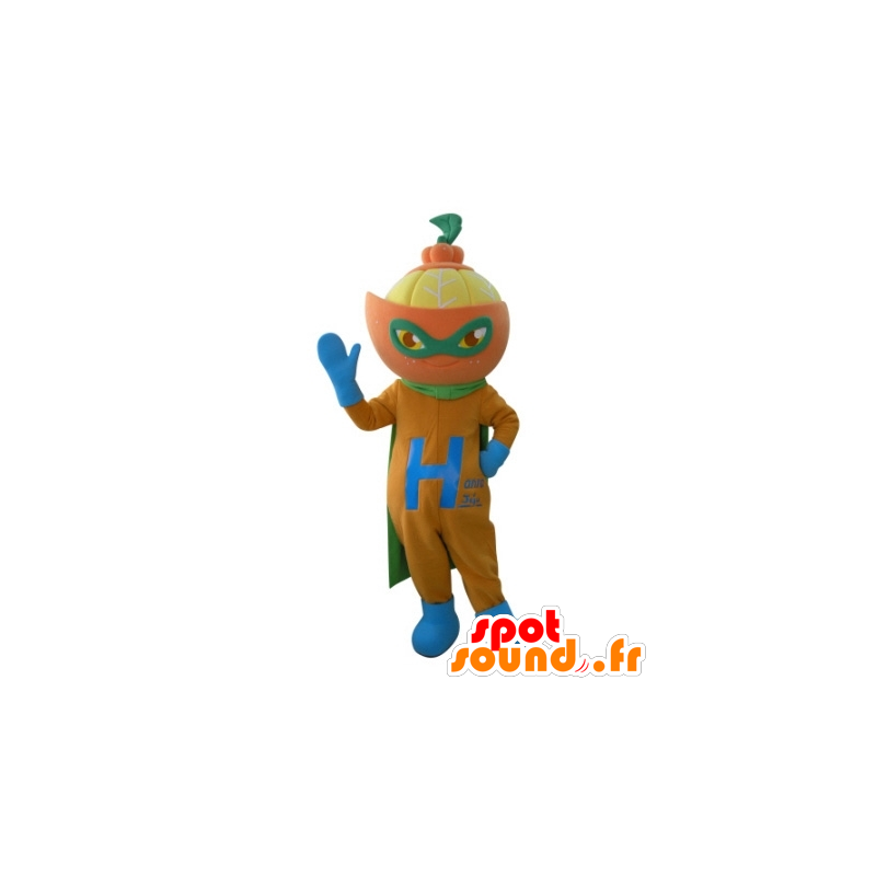Mascotte de mandarine, en tenue de super-héros - MASFR031693 - Mascotte de super-héros