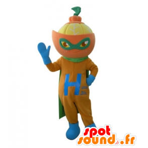 Mascota de la mandarina en el traje del superhéroe - MASFR031693 - Mascota de superhéroe