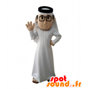 Bearded sultan maskot med et hvidt outfit og briller -