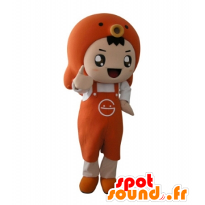 Orange pojkemaskot med ett förkläde och en fisk - Spotsound