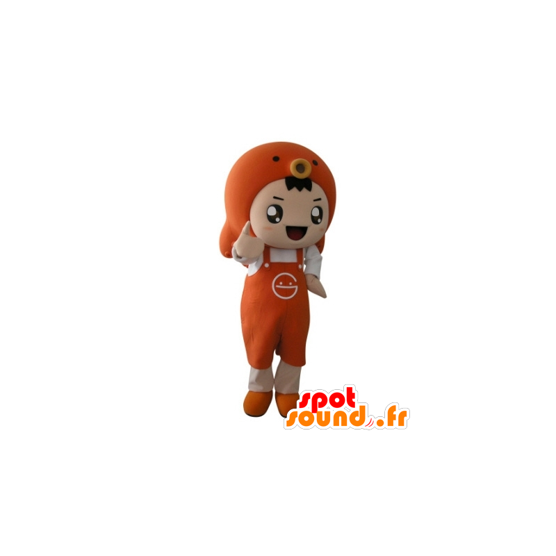 Orange pojkemaskot med ett förkläde och en fisk - Spotsound
