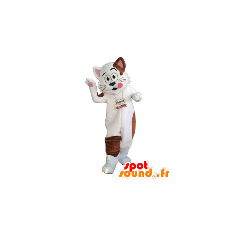 Mascotte de chat blanc et marron. Mascotte gourmande - MASFR031716 - Mascottes de chat