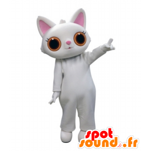 Hvit katt maskot med store oransje øyne - MASFR031720 - Cat Maskoter