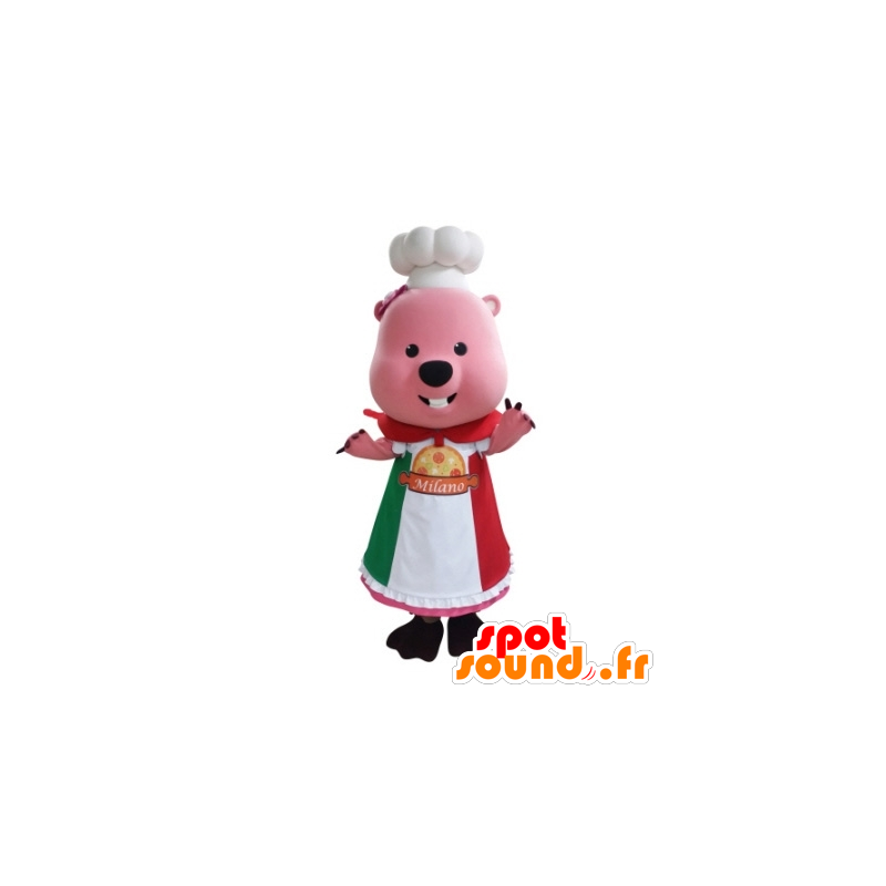Rosa bävermaskot klädd som en kock - Spotsound maskot