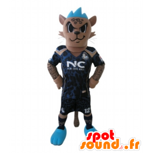Mascotte de tigre en tenue de footballeur, avec une crête bleue - MASFR031731 - Mascottes Tigre