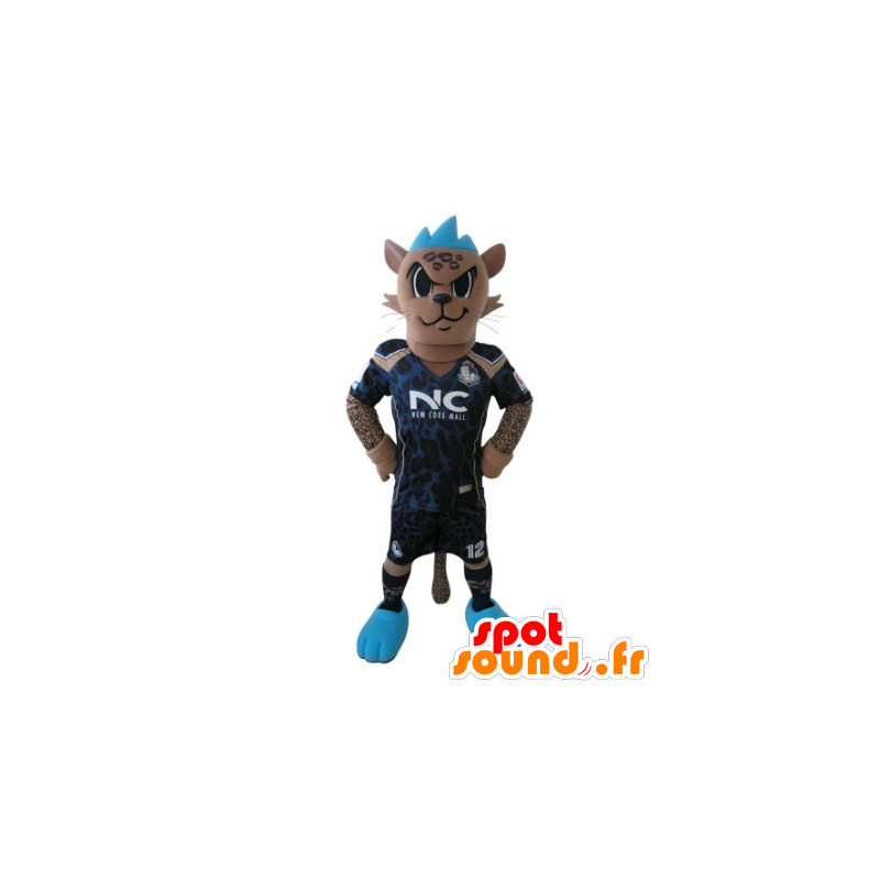 Tiger-Maskottchen-Fußballer Kleid, mit einem blauen Kamm - MASFR031731 - Tiger Maskottchen