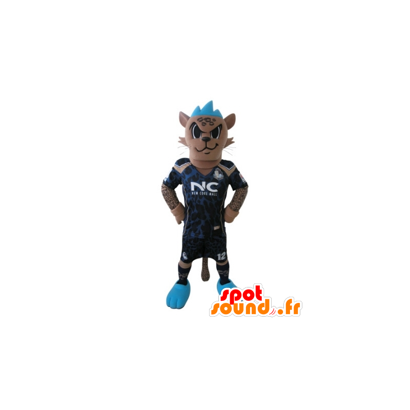 Mascotte de tigre en tenue de footballeur, avec une crête bleue - MASFR031731 - Mascottes Tigre