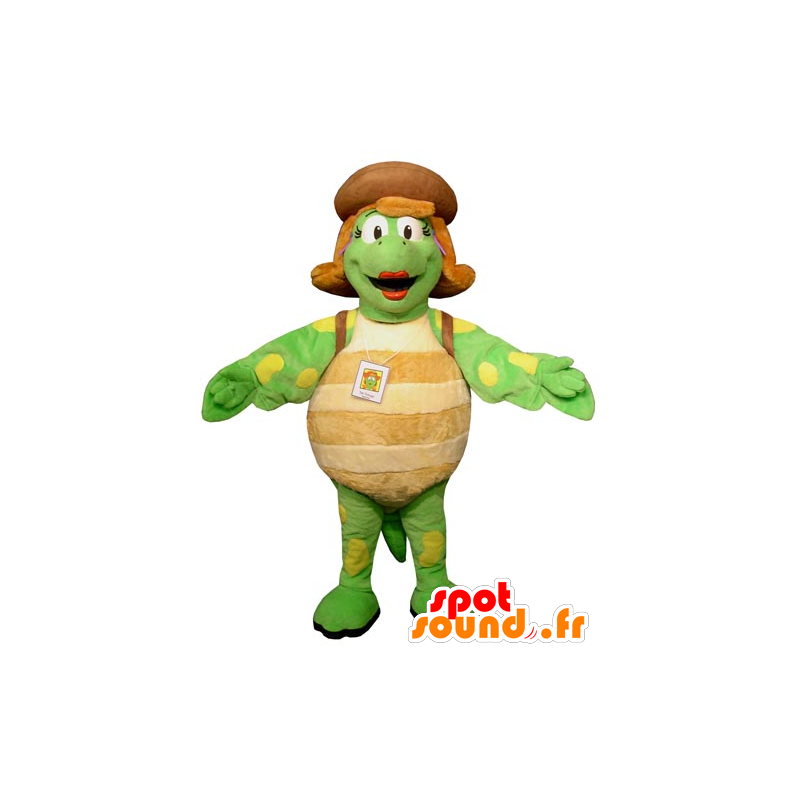 Mascot green turtle, beige and yellow, and female giant - MASFR031745 - Mascots turtle