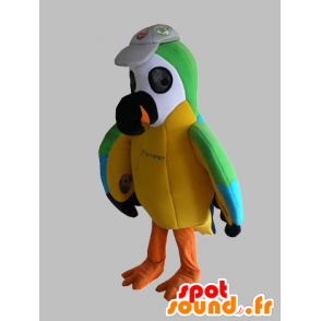 Veelkleurige papegaai mascotte, groen, geel en blauw - MASFR031746 - mascottes papegaaien