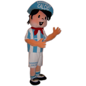Maskot sporty gutt fotballspiller i blått og hvitt - MASFR031759 - sport maskot