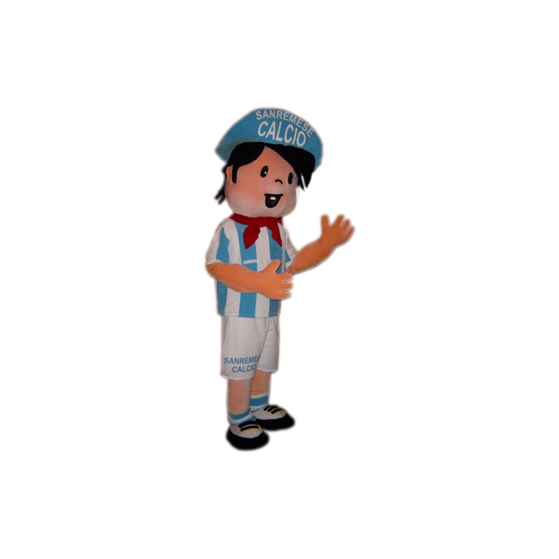 Mascot jogador de futebol menino desportivo em azul e branco - MASFR031759 - mascote esportes