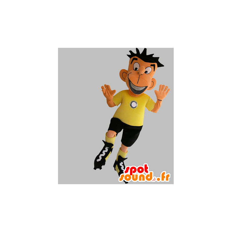 Fodboldspiller maskot i sort og gul tøj - Spotsound maskot