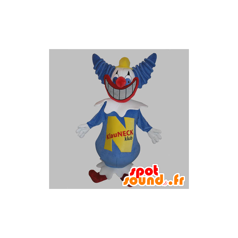 Blå och vit clownmaskot med ett brett leende - Spotsound maskot