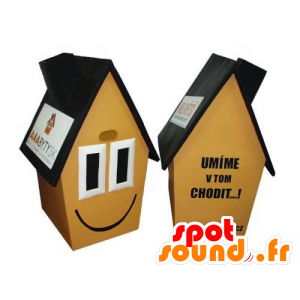 Yellow house mascot, brown and black, very smiling - MASFR031778 - Mascots home