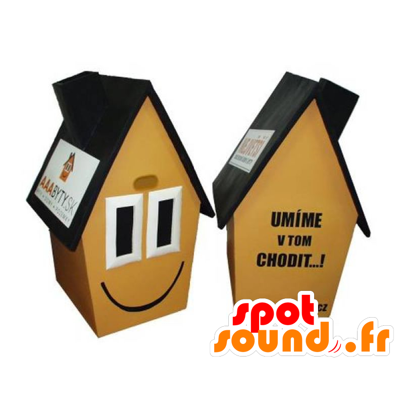 Gule huset maskot, brunt og svart, veldig smilende - MASFR031778 - Maskoter Hus