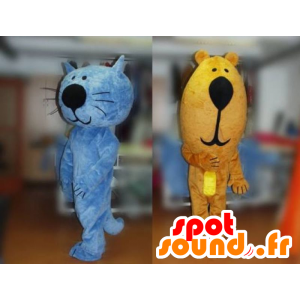2 Maskottchen, eine blaue Katze und ein Braunbär - MASFR031782 - Bär Maskottchen