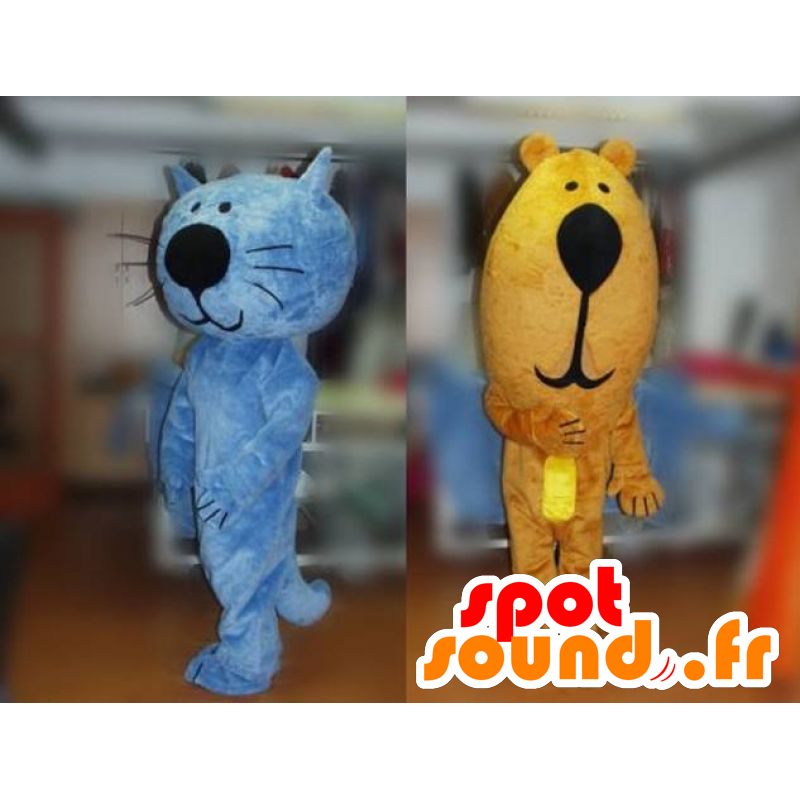 2 mascots, a blue cat and a brown bear - MASFR031782 - Bear mascot