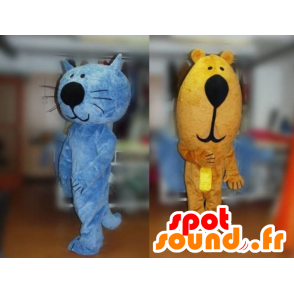 2 Maskottchen, eine blaue Katze und ein Braunbär - MASFR031782 - Bär Maskottchen