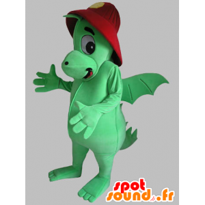 Green dragon mascot with a red helmet - MASFR031789 - Dragon mascot