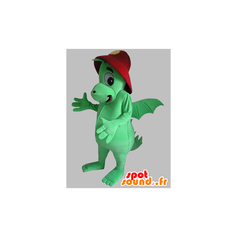 Green dragon mascot with a red helmet - MASFR031789 - Dragon mascot